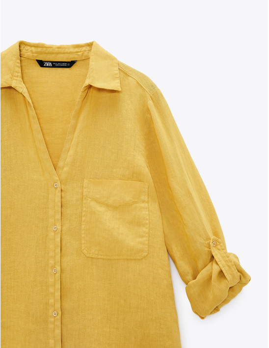 Linen yellow long sleeve v neck shirt
