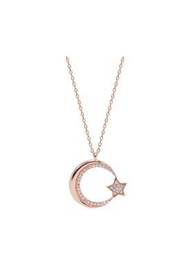Zircon Studded Moon Pendant Silver Necklace